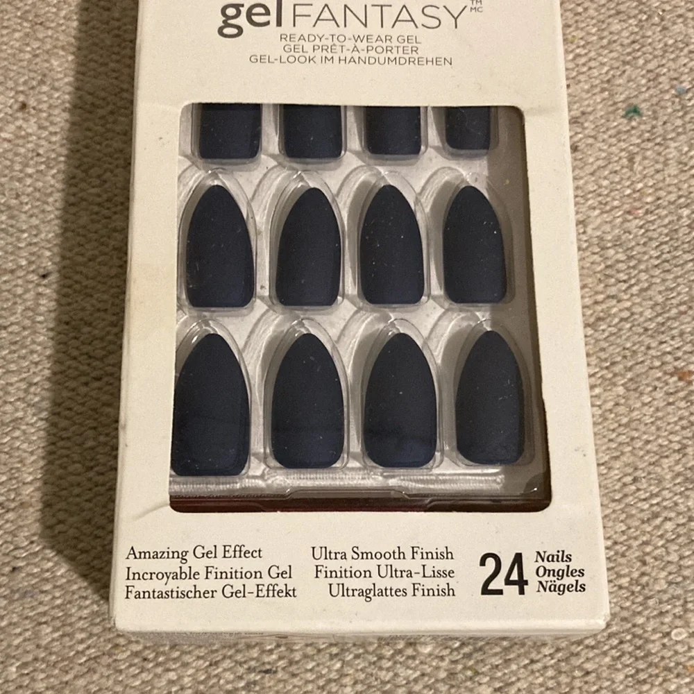 Dark Matte Blue Kiss Gel Fantasy Glue Press On Nails Coffin Halloween Set of 3